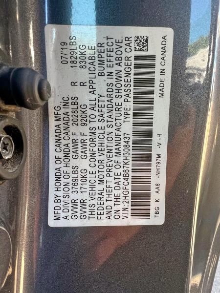2HGFC4B67KH308437 - 2019 HONDA CIVIC LX Gri fotoğraf 10