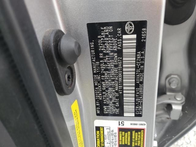 4T1B11HK6KU194672 - 2019 TOYOTA CAMRY L Plata foto 12