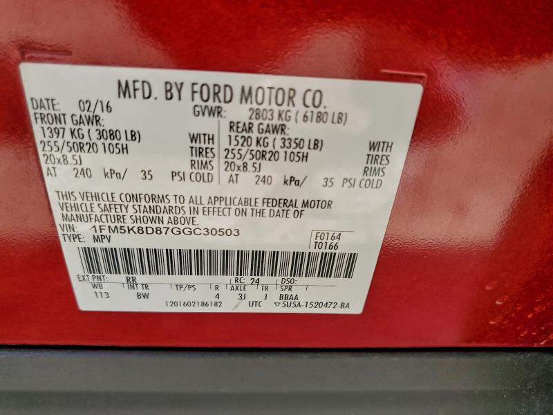 1FM5K8D87GGC30503 - 2016 FORD EXPLORER XLT RED photo 14