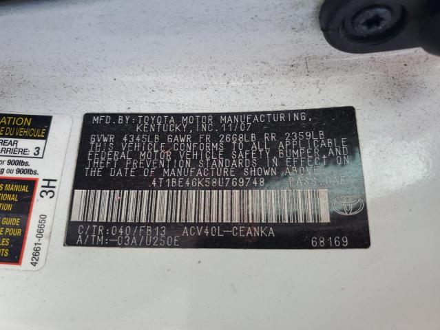 4T1BE46K58U769748 - 2008 TOYOTA CAMRY CE WHITE photo 13