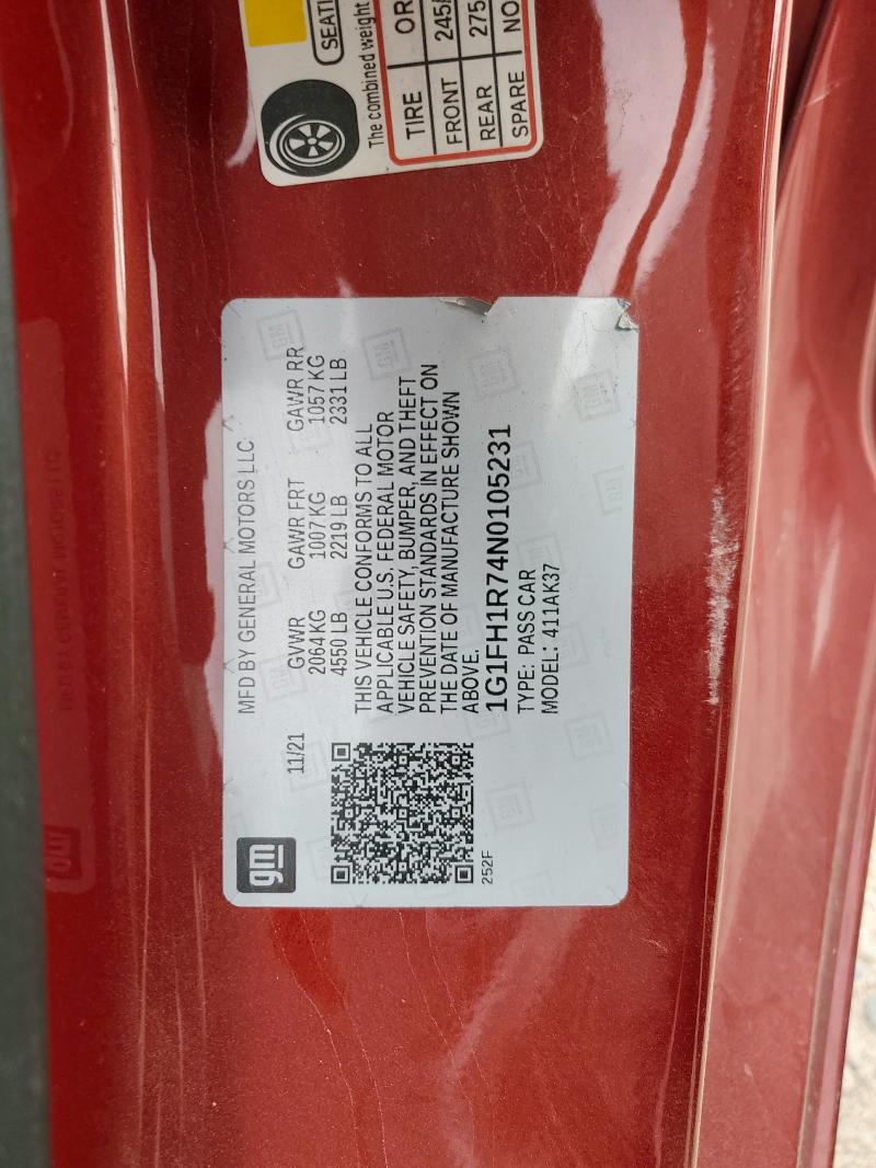 1G1FH1R74N0105231 - 2022 CHEVROLET CAMARO SS RED photo 12