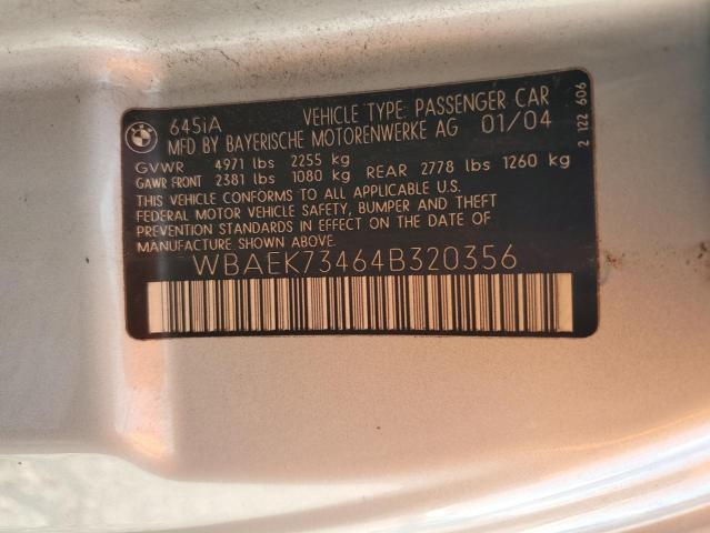 WBAEK73464B320356 - 2004 BMW 645 CI AUTOMATIC SILVER photo 12