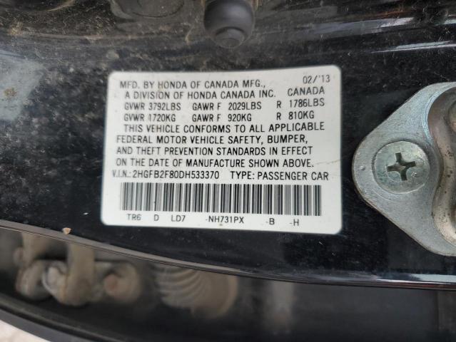 2HGFB2F80DH533370 - 2013 HONDA CIVIC EX BLACK photo 12