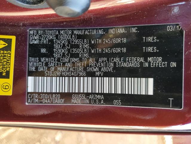 5TDJZRFH0HS407966 - 2017 TOYOTA HIGHLANDER SE წითელი ფოტო 13