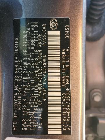 4T1B11HK7KU239960 - 2019 TOYOTA CAMRY L 灰色 照片 12