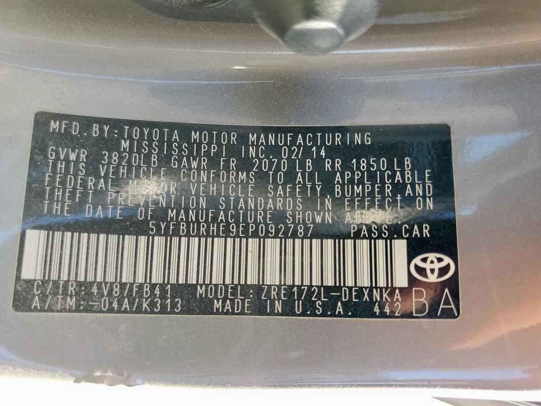 5YFBURHE9EP092787 - 2014 TOYOTA COROLLA L Gümüş foto 12