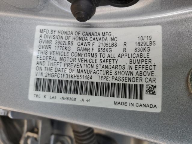 2HGFC1F31KH651484 - 2019 HONDA CIVIC EX SILVER photo 12