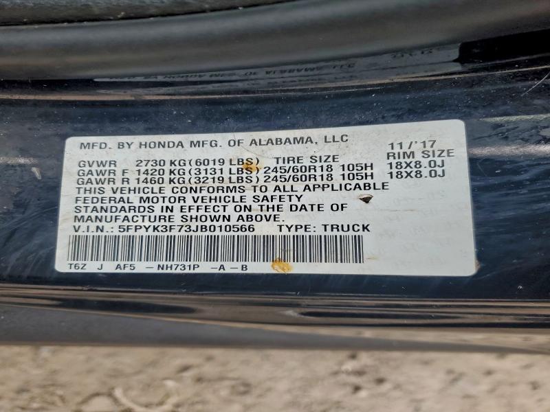 5FPYK3F73JB010566 - 2018 HONDA RIDGELINE RTL Noir photo 12