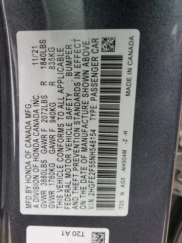 2HGFE2F55NH548154 - 2022 HONDA CIVIC SPORT CHARCOAL photo 12