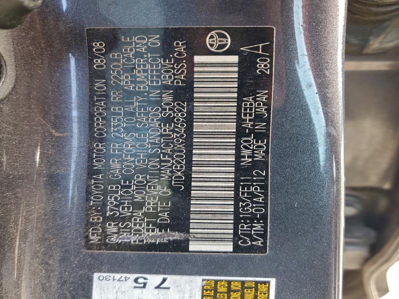 JTDKB20UX93469822 - 2009 TOYOTA PRIUS GRAY photo 12