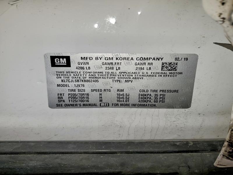 KL7CJLSB7KB862405 - 2019 CHEVROLET TRAX 1LT WHITE photo 13