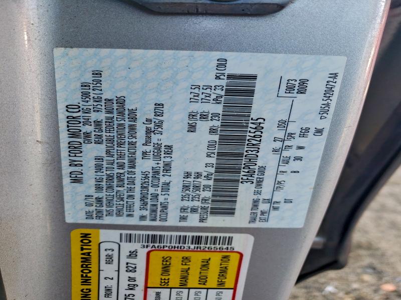 3FA6P0HD3JR265645 - 2018 FORD FUSION SE ვერცხლისფერი ფოტო 12