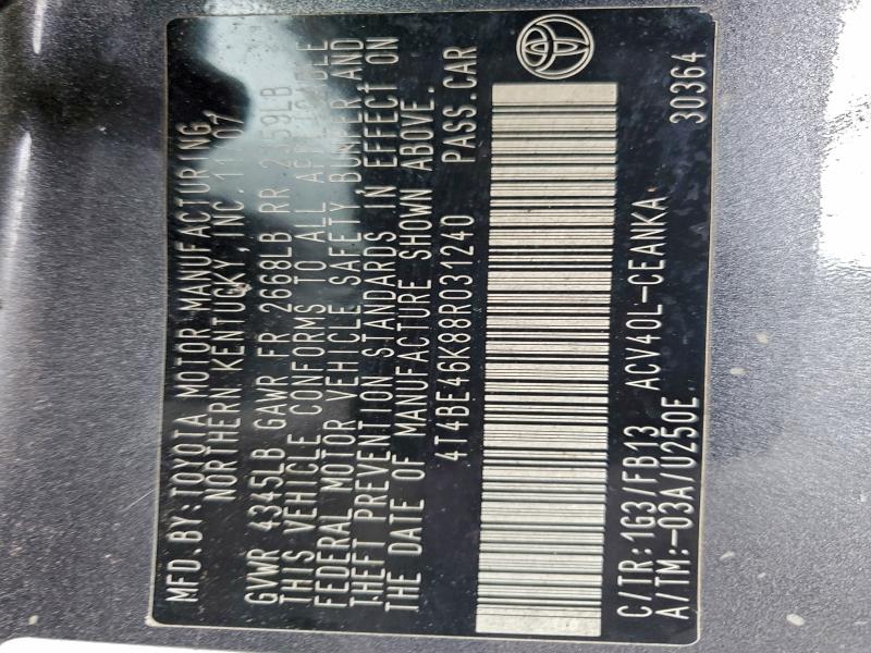 4T4BE46K88R031240 - 2008 TOYOTA CAMRY CE 灰色 照片 13