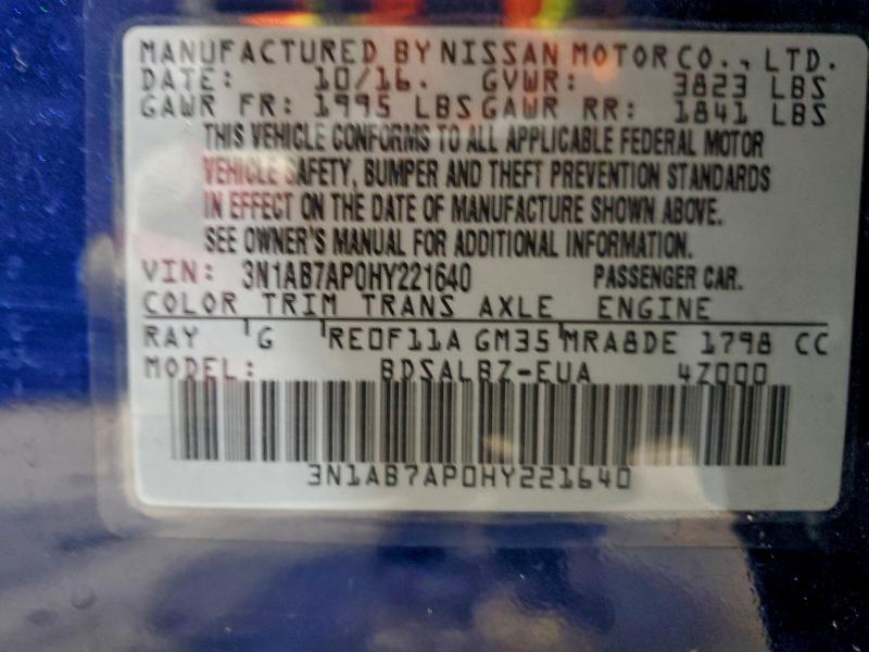 3N1AB7AP0HY221640 - 2017 NISSAN SENTRA S 蓝色 照片 13