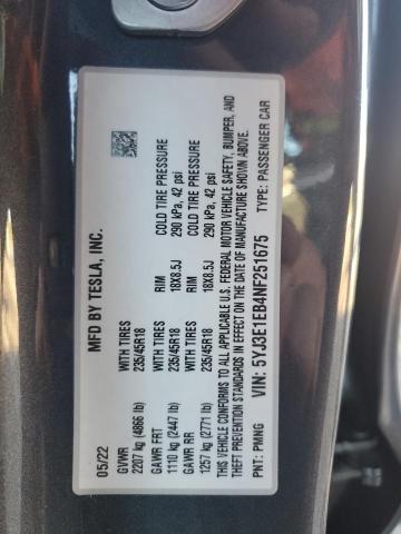 5YJ3E1EB4NF251675 - 2022 TESLA MODEL 3 灰色 照片 12