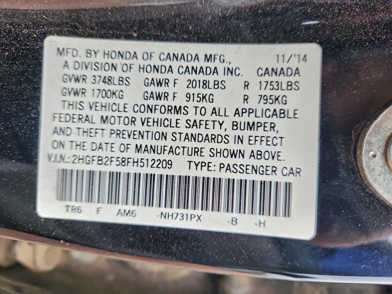 2HGFB2F58FH512209 - 2015 HONDA CIVIC LX Siyah fotoğraf 13