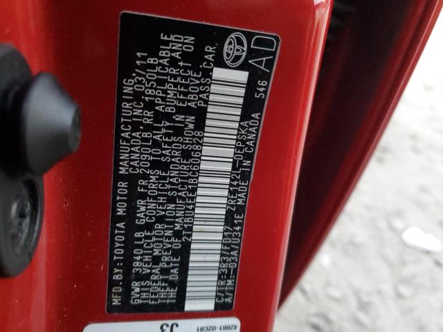 2T1BU4EE1BC606828 - 2011 TOYOTA COROLLA BASE წითელი ფოტო 12