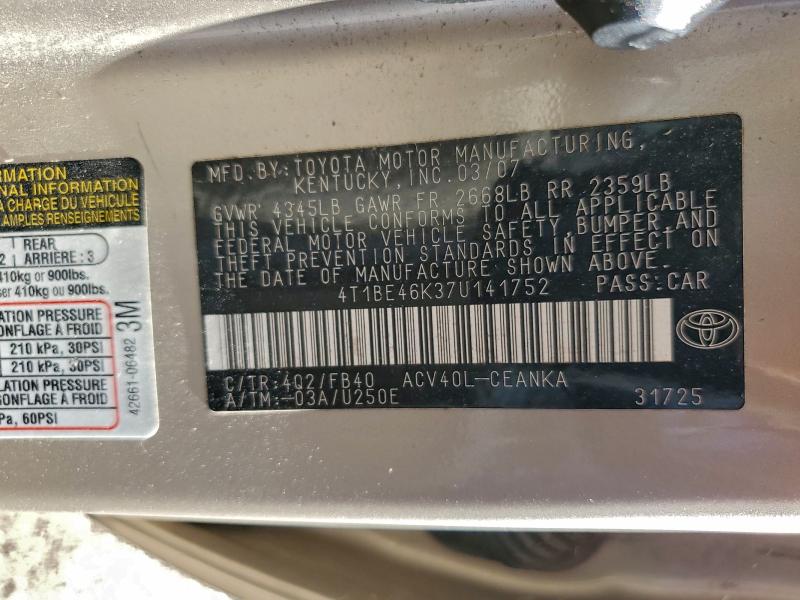4T1BE46K37U141752 - 2007 TOYOTA CAMRY CE SILVER photo 12