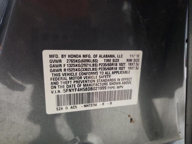 5FNYF4H58DB021999 - 2013 HONDA PILOT EXL ნაცრისფერი ფოტო 13