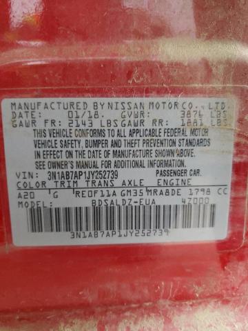 3N1AB7AP1JY252739 - 2018 NISSAN SENTRA S RED photo 12