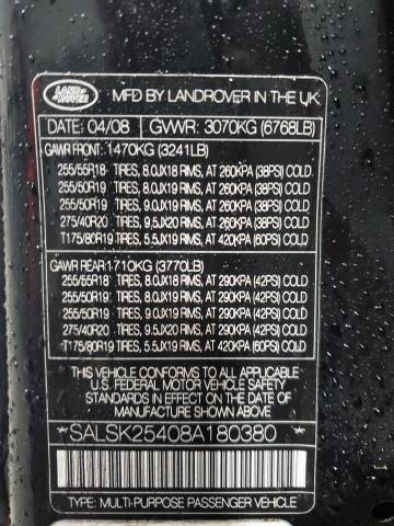 SALSK25408A180380 - 2008 LAND ROVER RANGE ROVE HSE BLACK photo 13