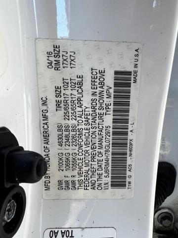 5J6RM4H78GL072975 - 2016 HONDA CR-V EXL WHITE photo 10