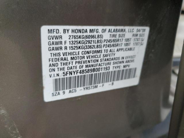 5FNYF48589B001193 - 2009 HONDA PILOT EXL GOLD photo 13