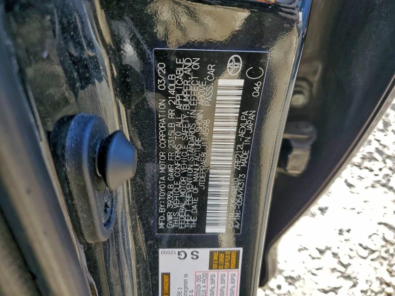 JTDEPRAE8LJ114598 - 2020 TOYOTA COROLLA LE BLACK photo 12