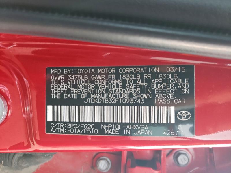 JTDKDTB32F1093743 - 2015 TOYOTA PRIUS C Rouge photo 13