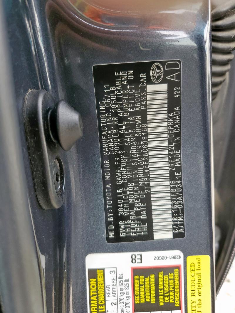 2T1BU4EE2BC638168 - 2011 TOYOTA COROLLA BASE Gris photo 12