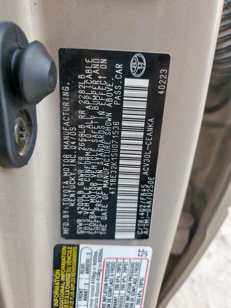 4T1BE32K15U071536 - 2005 TOYOTA CAMRY LE TAN photo 12