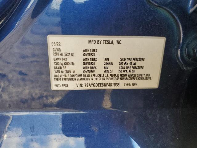 7SAYGDEE8NF481038 - 2022 TESLA MODEL Y Mavi foto 13