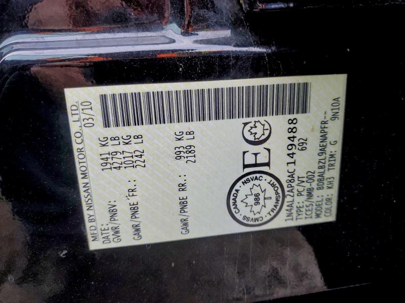 1N4AL2AP8AC149488 - 2010 NISSAN ALTIMA BASE 黑色 照片 12