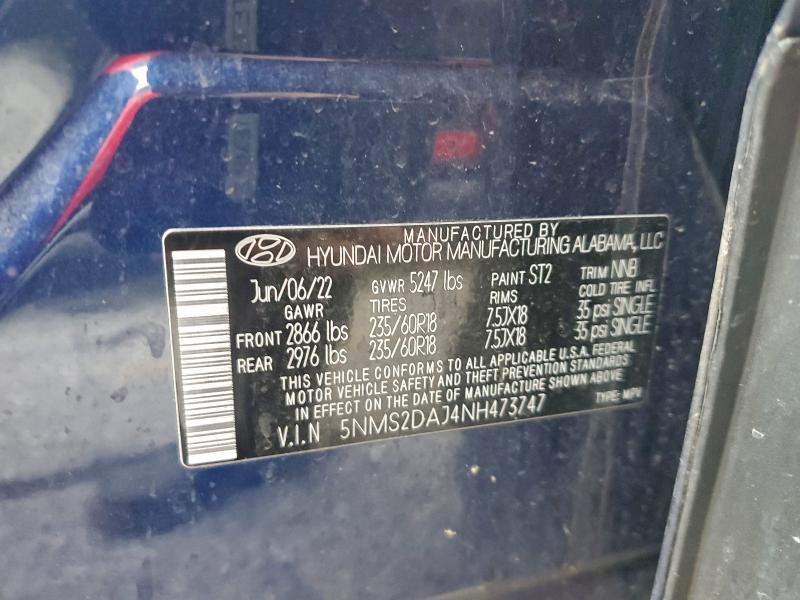 5NMS2DAJ4NH473747 - 2022 HYUNDAI SANTA FE SEL BLUE photo 13