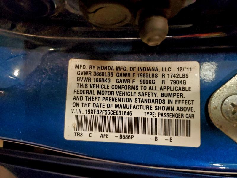 19XFB2F55CE031646 - 2012 HONDA CIVIC LX Կապույտ լուսանկար 12