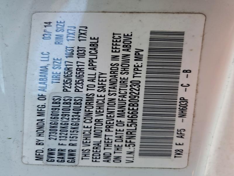 5FNRL5H66EB092230 - 2014 HONDA ODYSSEY EXL WHITE photo 13