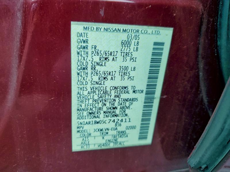 5N1AR18W05C742411 - 2005 NISSAN PATHFINDER LE Qırmızı foto 13