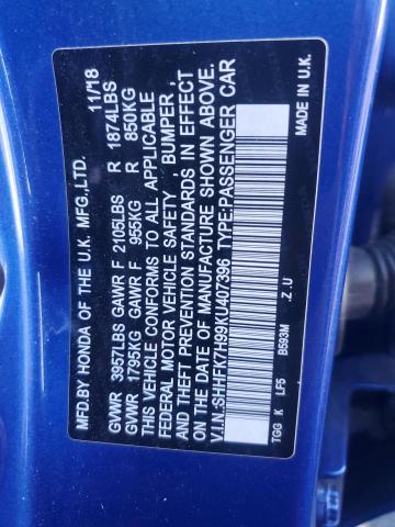 SHHFK7H99KU407396 - 2019 HONDA CIVIC SPORT TOURING BLUE photo 13