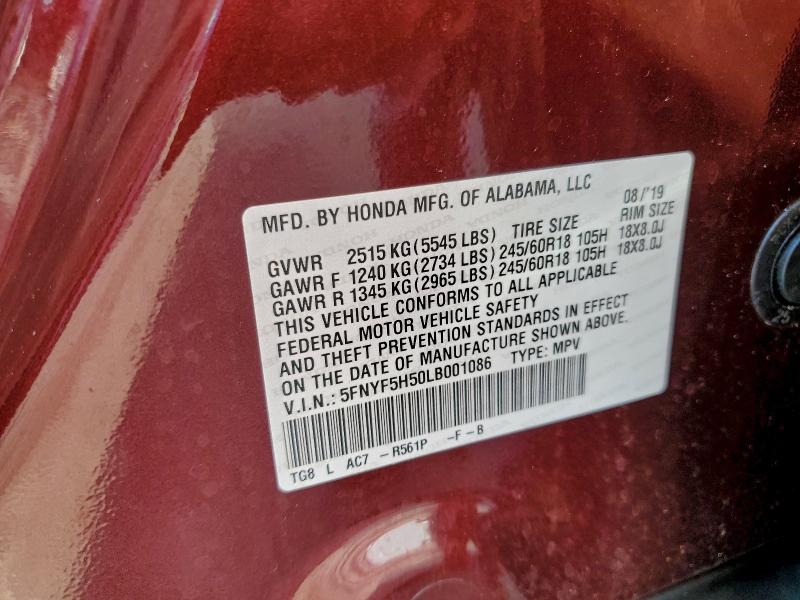 5FNYF5H50LB001086 - 2020 HONDA PILOT EXL RED photo 14