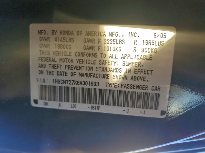 1HGCM727X6A001603 - 2006 HONDA ACCORD EX BLUE photo 12