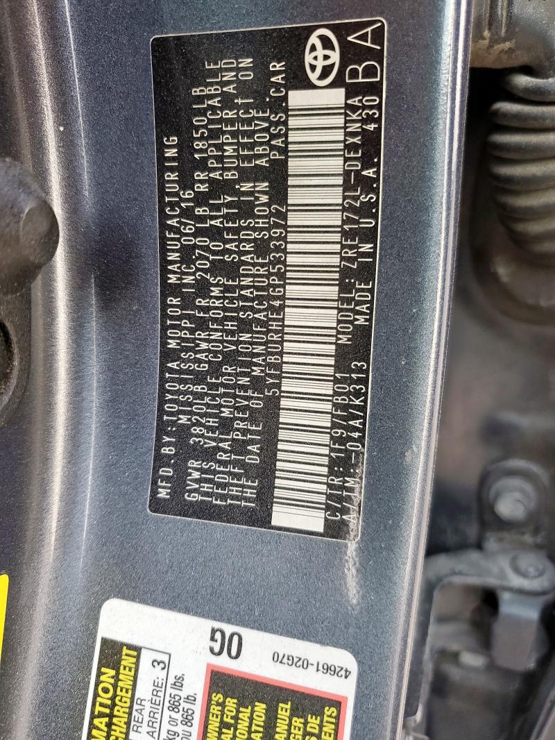 5YFBURHE4GP533972 - 2016 TOYOTA COROLLA L Boz foto 12