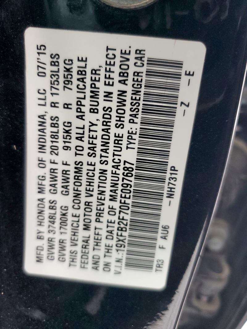 19XFB2F70FE097687 - 2015 HONDA CIVIC SE BLACK photo 12