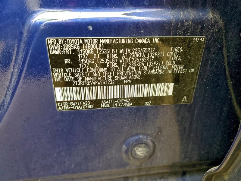 2T3RFREV4FW261232 - 2015 TOYOTA RAV4 XLE BLUE photo 13