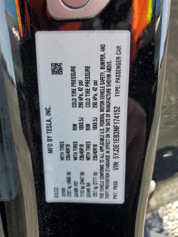 5YJ3E1EB3NF174152 - 2022 TESLA MODEL 3 შავი ფოტო 12
