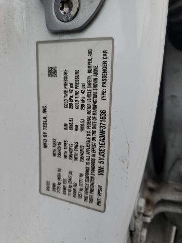 5YJ3E1EA3NF371636 - 2022 TESLA MODEL 3 WHITE photo 12