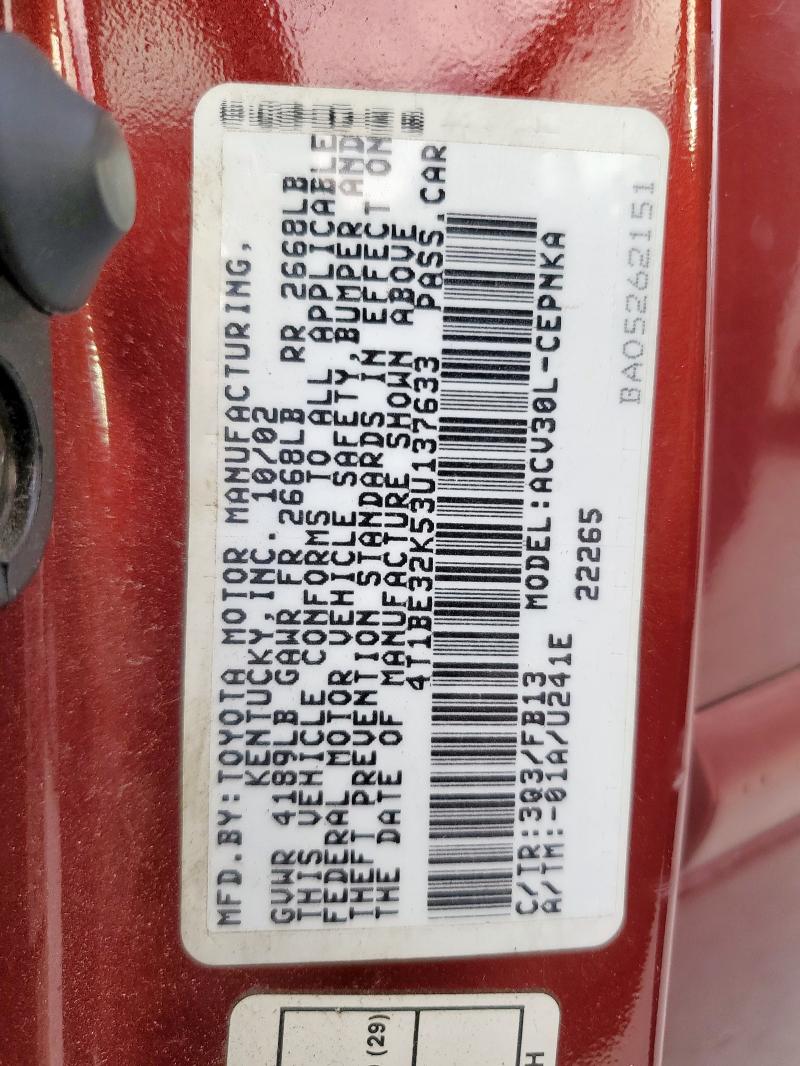 4T1BE32K53U137633 - 2003 TOYOTA CAMRY LE MAROON photo 12