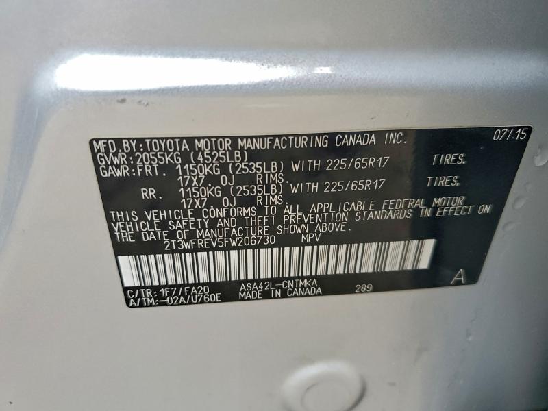 2T3WFREV5FW206730 - 2015 TOYOTA RAV4 XLE 银色 照片 13