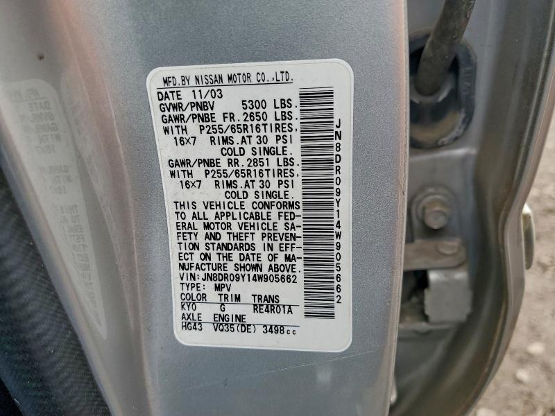 JN8DR09Y14W905662 - 2004 NISSAN PATHFINDER LE GRAY photo 13