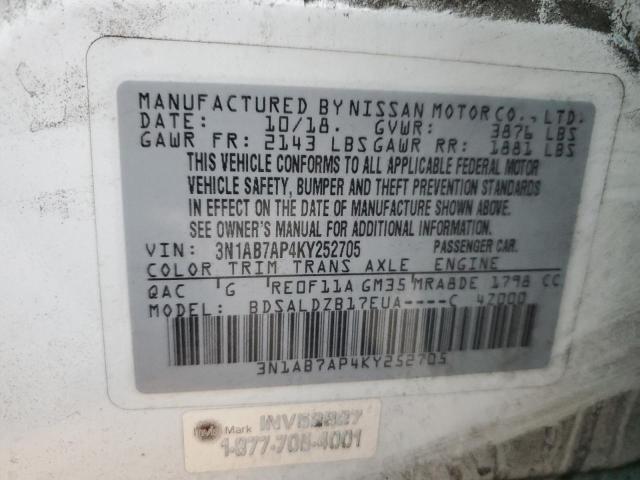 3N1AB7AP4KY252705 - 2019 NISSAN SENTRA S თეთრი ფოტო 12