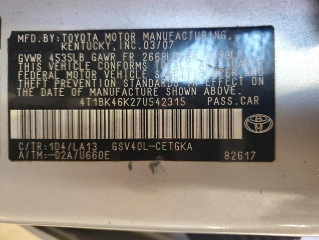 4T1BK46K27U542315 - 2007 TOYOTA CAMRY LE SILVER photo 12